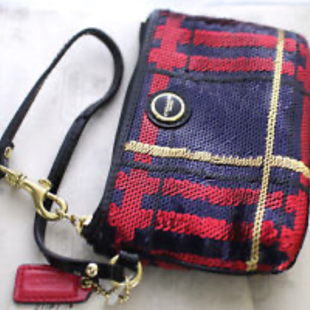 Coach Black and Red Tartan Wristlet Clutch